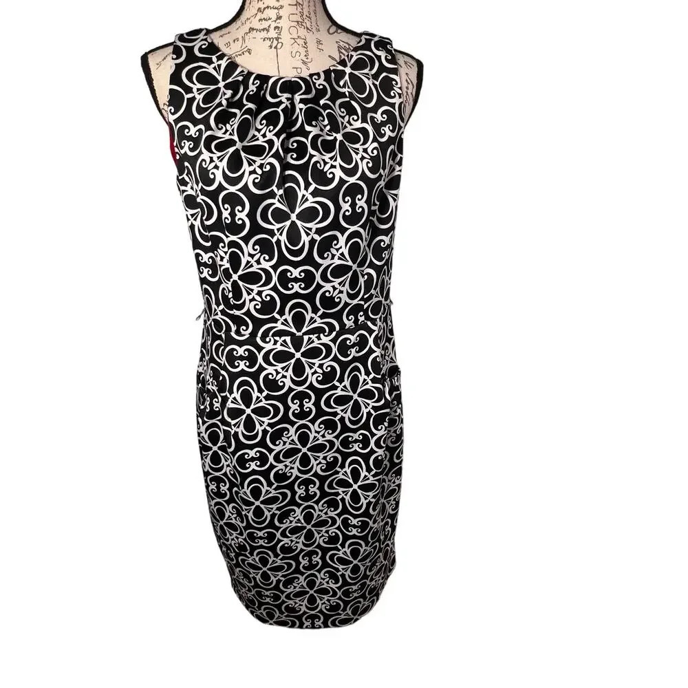 London Times,10, sleeveless, pleated chest,pocketed stretch sheath midi dress